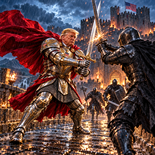 Sword Trump in gold-trimmed silver armor and a crimson cape clashes swords with a dark knight on a rainy castle bridge.