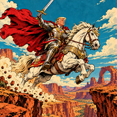 Sword Trump in silver armor and a crimson cape raises a sword while leaping a desert canyon on a white horse.