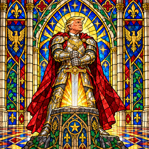 Sword Trump in gold armor and a crimson cape stands with both hands on a sword, framed by a stained-glass window.